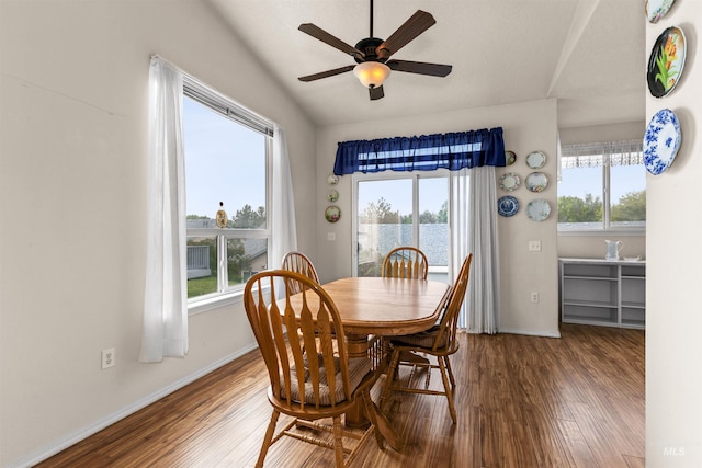 2313 River Oaks Ct, Nampa, ID 83686 - dining room featuring wood finished floors, baseboards, ceiling fan, vaulted ceiling, and a water view