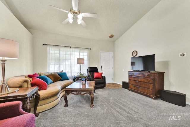 11793 Shelburne, Caldwell, ID 83605 - carpeted living area with lofted ceiling, a textured ceiling, a ceiling fan, and baseboards