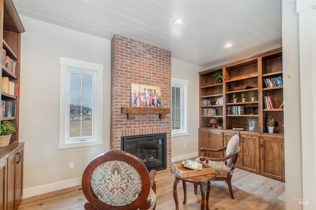 14050 Hidalgo Ranch Pl, Nampa, ID 83651 - living area with a brick fireplace, baseboards, plenty of natural light, and light wood-style floors