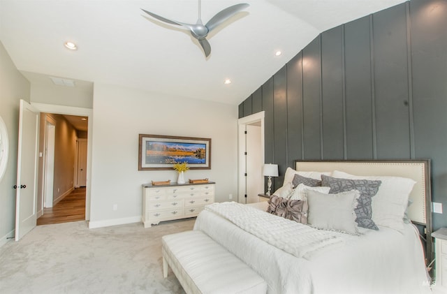 14050 Hidalgo Ranch Pl, Nampa, ID 83651 - bedroom featuring visible vents, lofted ceiling, light carpet, recessed lighting, and a ceiling fan