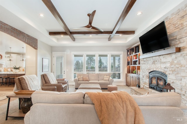 14050 Hidalgo Ranch Pl, Nampa, ID 83651 - living area featuring ceiling fan, coffered ceiling, recessed lighting, and beam ceiling