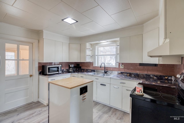 kitchen featuring a sink, stainless steel microwave, range with electric stovetop, backsplash, and wooden counters