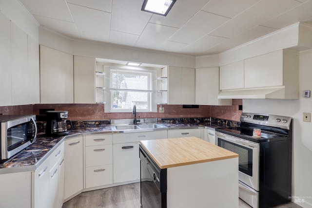 kitchen with a sink, under cabinet range hood, wood counters, appliances with stainless steel finishes, and light wood-type flooring