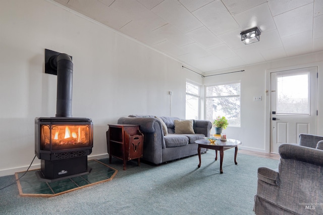 living room with baseboards, carpet, and a wood stove