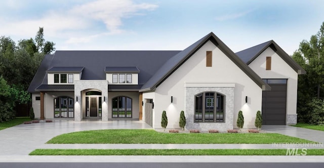 938 S Waning Ln, Eagle, ID 83616 - french country style house featuring driveway, stone siding, stucco siding, and a front yard