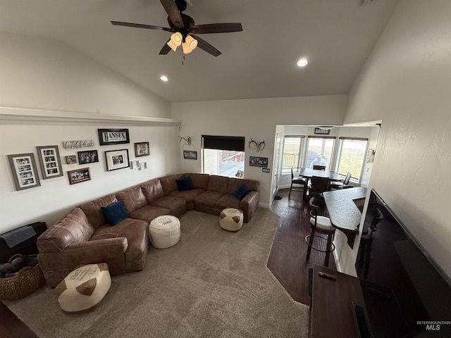 2486 E 3745, Twin Falls, ID 83301 - carpeted living area featuring high vaulted ceiling, baseboards, a ceiling fan, and recessed lighting