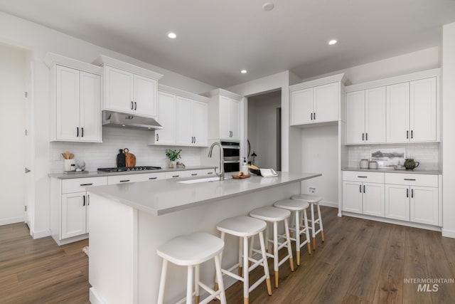 kitchen featuring sink, white cabinets, and a center island with sink