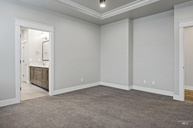 unfurnished room featuring a tray ceiling and light colored carpet