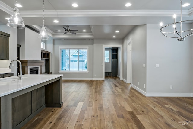 kitchen featuring ceiling fan with notable chandelier, crown molding, wood-type flooring, and sink