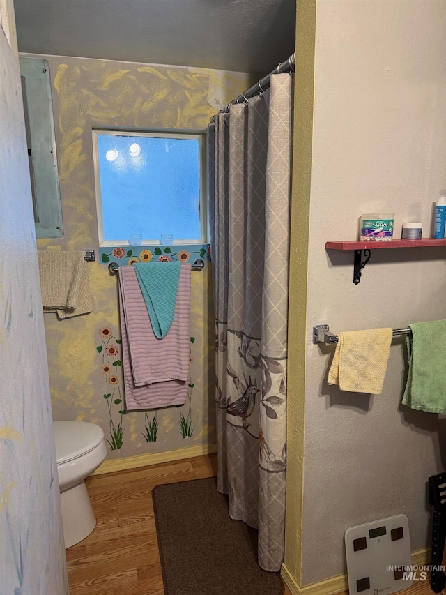 bathroom featuring wood-type flooring, electric panel, toilet, and a shower with shower curtain