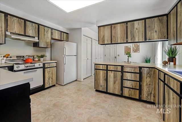 300 Morrison Unit 643, Twin Falls, ID 83301 - kitchen featuring under cabinet range hood, freestanding refrigerator, range with electric cooktop, light countertops, and a peninsula