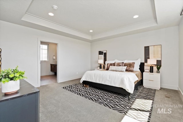 5085 S Taboo Pl, Boise, ID 83716 - bedroom with a raised ceiling, light colored carpet, baseboards, ornamental molding, and recessed lighting