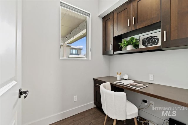 5085 S Taboo Pl, Boise, ID 83716 - office area featuring built in study area, baseboards, and dark wood-type flooring