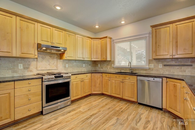 2853 N High Desert Way, Meridian, ID 83646 - kitchen featuring appliances with stainless steel finishes, a sink, under cabinet range hood, light wood-style floors, and dark stone countertops