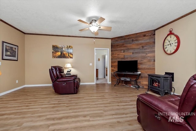 living room featuring ornamental molding, light hardwood / wood-style floors, and a wood stove