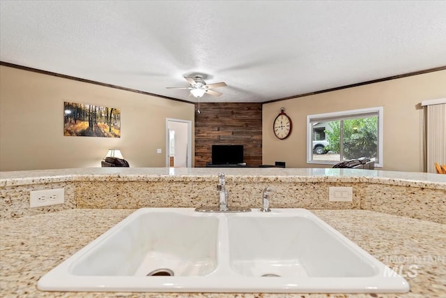 interior space with ceiling fan, sink, crown molding, and a textured ceiling