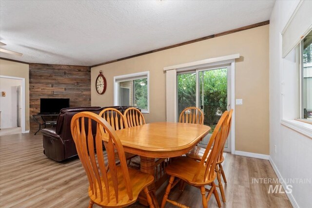 dining room featuring a textured ceiling and light wood-type flooring