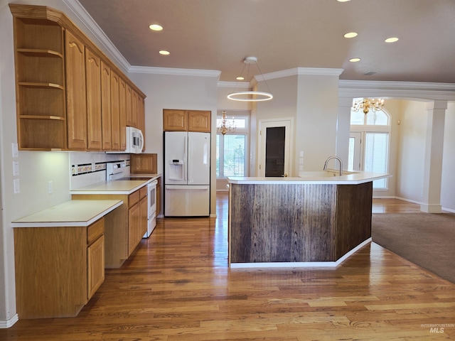 1203 Tara Ct, Fruitland, ID 83619 - kitchen with white appliances, open shelves, a chandelier, and light countertops