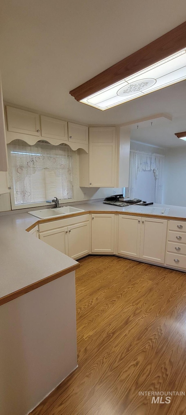 kitchen featuring white cabinets, light countertops, light wood finished floors, and a sink