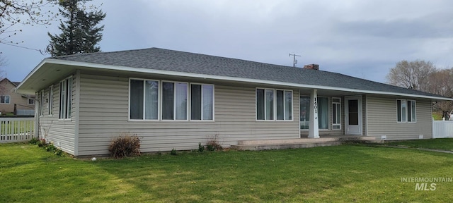 single story home featuring a porch, a front lawn, fence, and a chimney