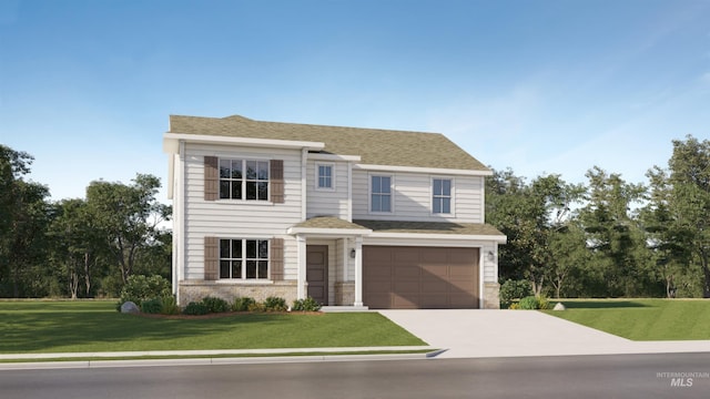 view of front of house featuring a front lawn and a garage