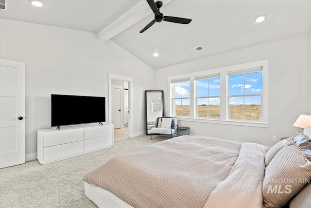 bedroom featuring light carpet, lofted ceiling with beams, and ceiling fan