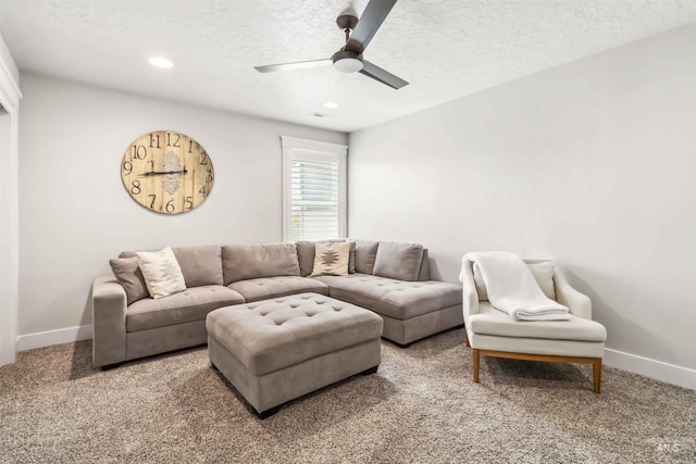 9115 S Palena Ave, Kuna, ID 83634 - living room with baseboards, a textured ceiling, carpet floors, ceiling fan, and recessed lighting