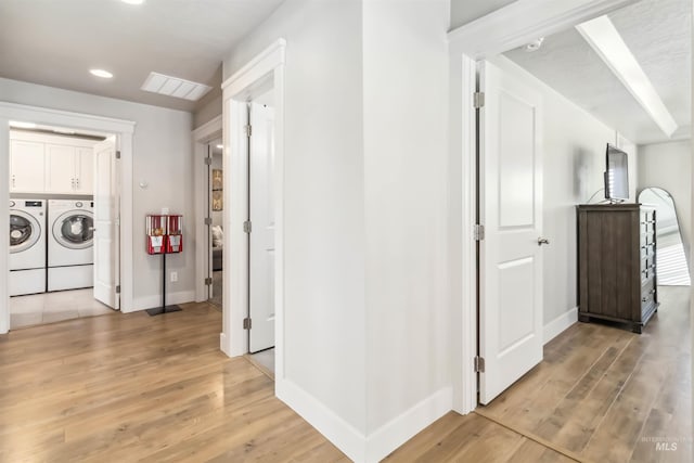9115 S Palena Ave, Kuna, ID 83634 - hall with separate washer and dryer, light wood finished floors, baseboards, and recessed lighting