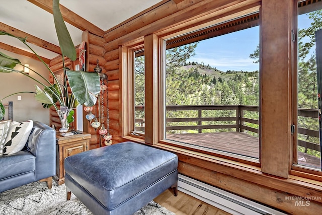 10 Daggett Rim, Boise, ID 83716 - sitting room featuring rustic walls, baseboard heating, plenty of natural light, and wood finished floors