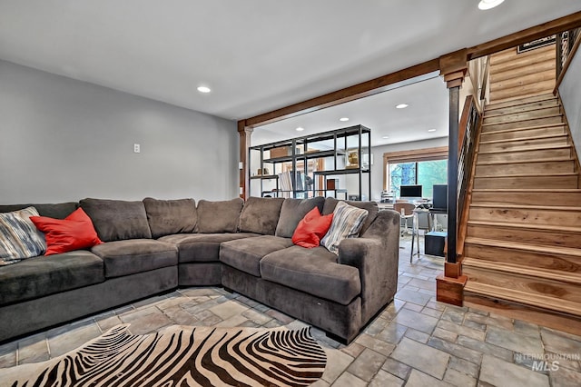 10 Daggett Rim, Boise, ID 83716 - living area featuring stone tile flooring, stairway, and recessed lighting