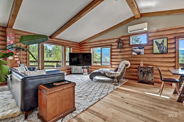 10 Daggett Rim, Boise, ID 83716 - living room featuring an AC wall unit, log walls, beam ceiling, wood-type flooring, and high vaulted ceiling