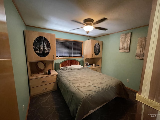 bedroom with baseboards, a ceiling fan, and ornamental molding