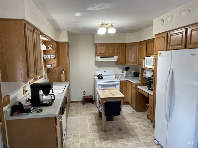 kitchen with brown cabinets, butcher block countertops, under cabinet range hood, open shelves, and white appliances