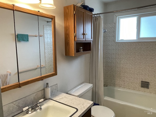 full bathroom with toilet, vanity, and shower / bathtub combination with curtain