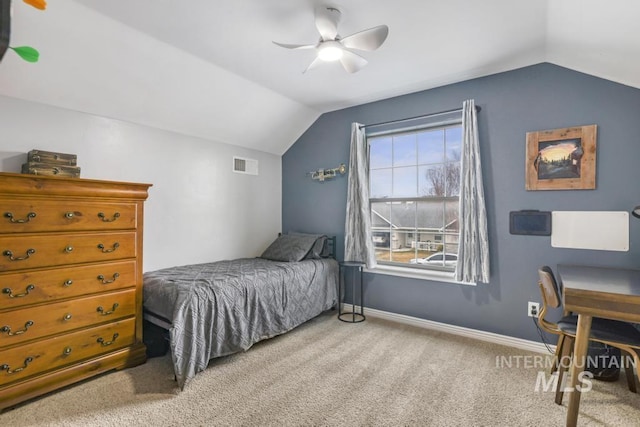 1003 Lauren Ln, Filer, ID 83328 - bedroom featuring visible vents, carpet flooring, baseboards, ceiling fan, and vaulted ceiling