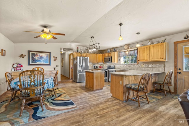 kitchen featuring backsplash, vaulted ceiling, light wood-type flooring, a peninsula, and stainless steel appliances