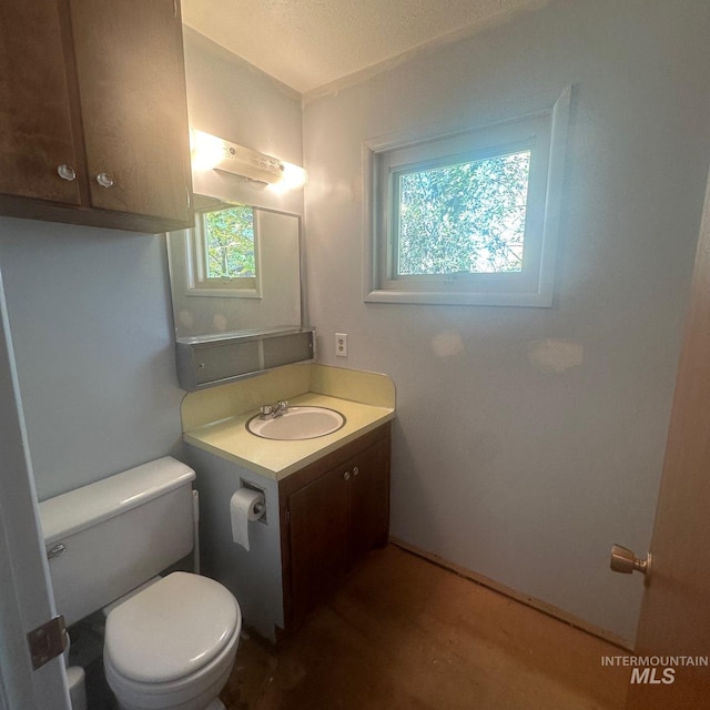 bathroom with vanity, a textured ceiling, hardwood / wood-style flooring, and toilet