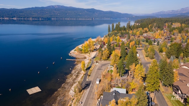 birds eye view of property with a water and mountain view