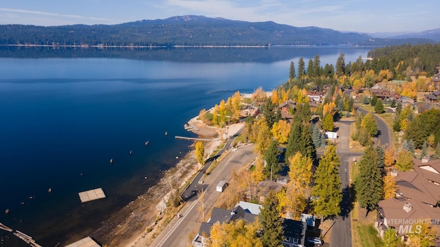 drone / aerial view featuring a water and mountain view