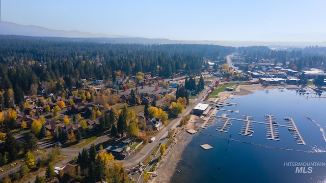 bird's eye view featuring a water and mountain view