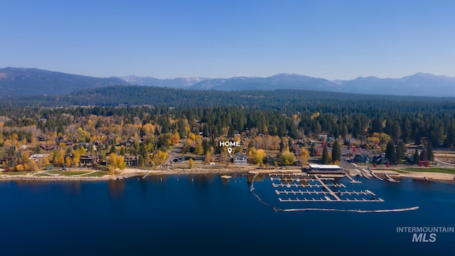 bird's eye view with a water and mountain view