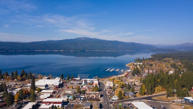 drone / aerial view with a water and mountain view