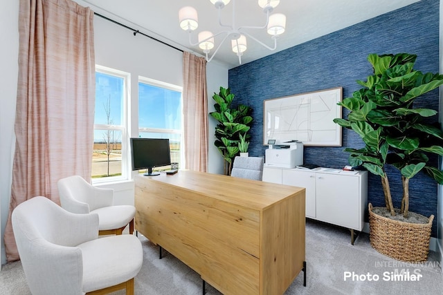 carpeted office space with a notable chandelier