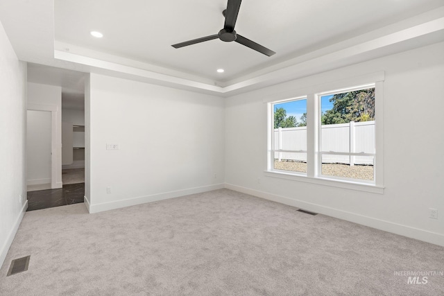 spare room featuring a raised ceiling, light carpet, and ceiling fan