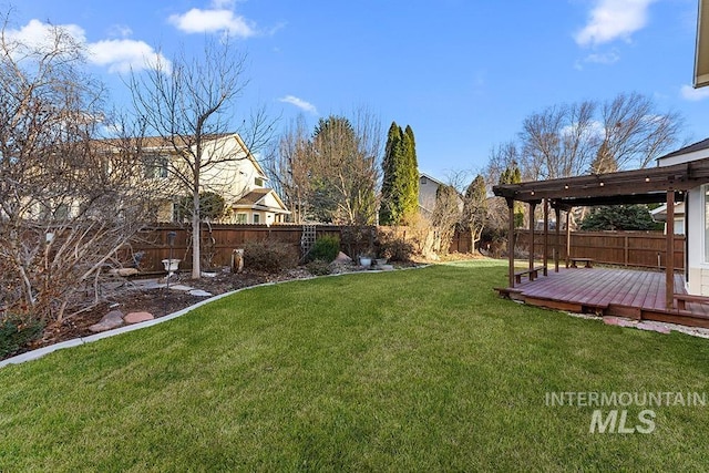 view of yard featuring a fenced backyard and a wooden deck