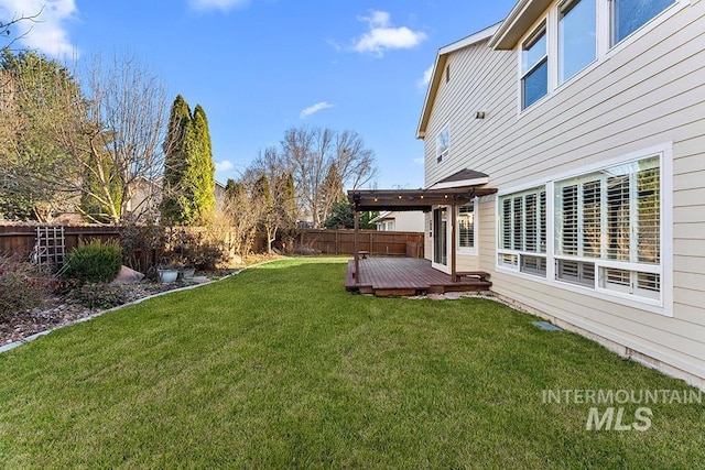 view of yard with a fenced backyard and a wooden deck