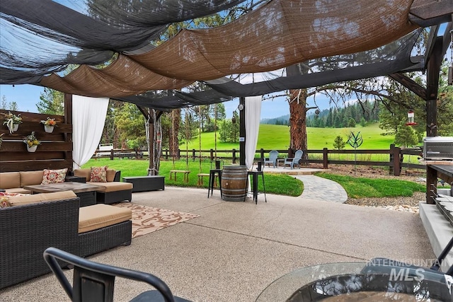 view of patio / terrace featuring central air condition unit, an outdoor hangout area, fence, golf course view, and a pergola