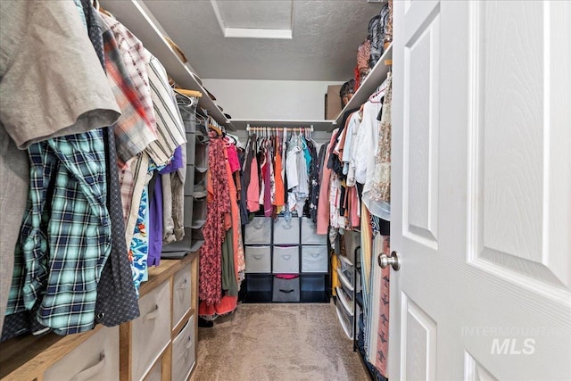 spacious closet featuring carpet flooring and attic access