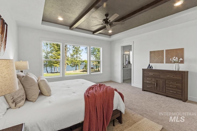 12975 Sandy Dr, Donnelly, ID 83615 - bedroom featuring light carpet, baseboards, a tray ceiling, recessed lighting, and connected bathroom