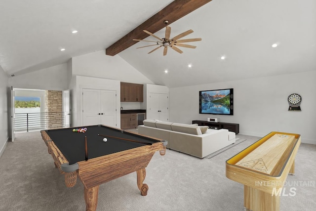 12975 Sandy Dr, Donnelly, ID 83615 - recreation room with light carpet, a ceiling fan, high vaulted ceiling, beamed ceiling, and pool table